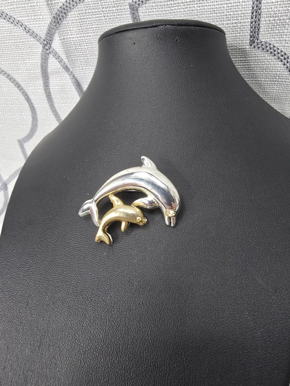 Dolphin Mama & Baby Rhinestone Eye Brooch Gold tone & Silver tone Pin